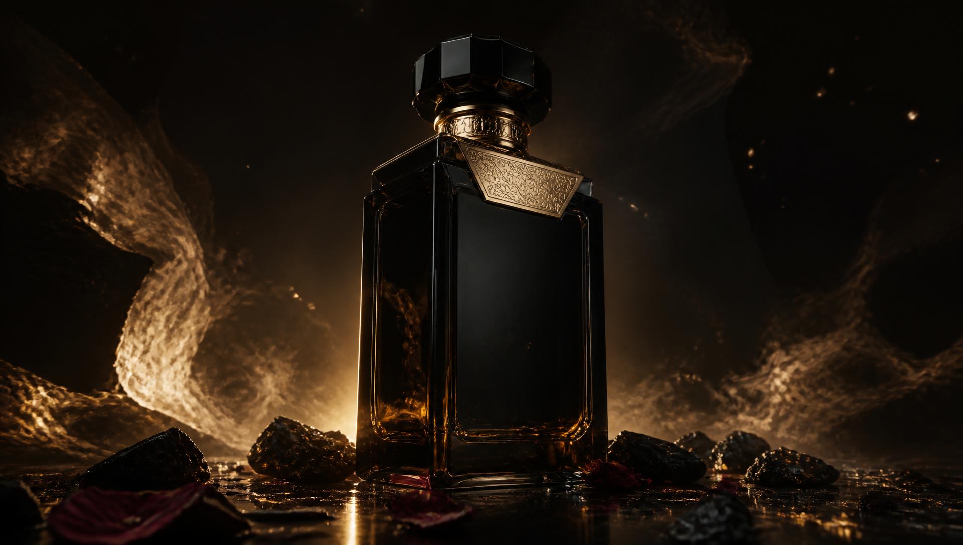 Monolithic NOIRÉ flacon surrounded by gold light and fragrance particles