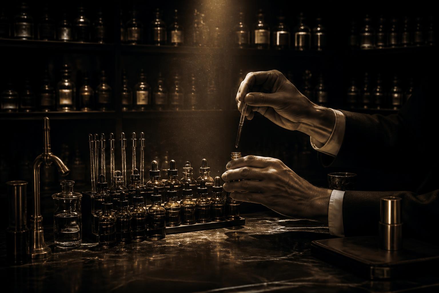 Perfumer's atelier: brass pipettes and amber vials in low light